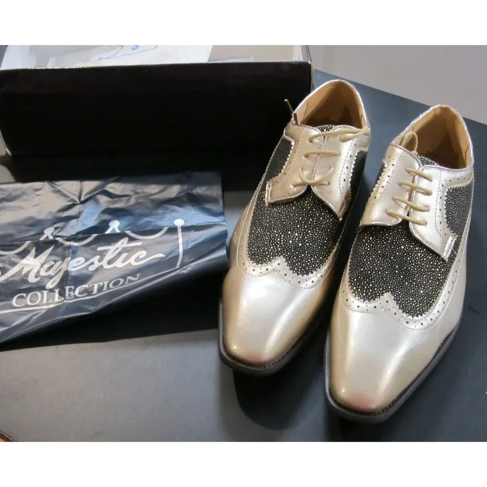 Majestic Mens 12 Gold Black Stingray Wingtip Oxford Dress Shoes NIB 99622